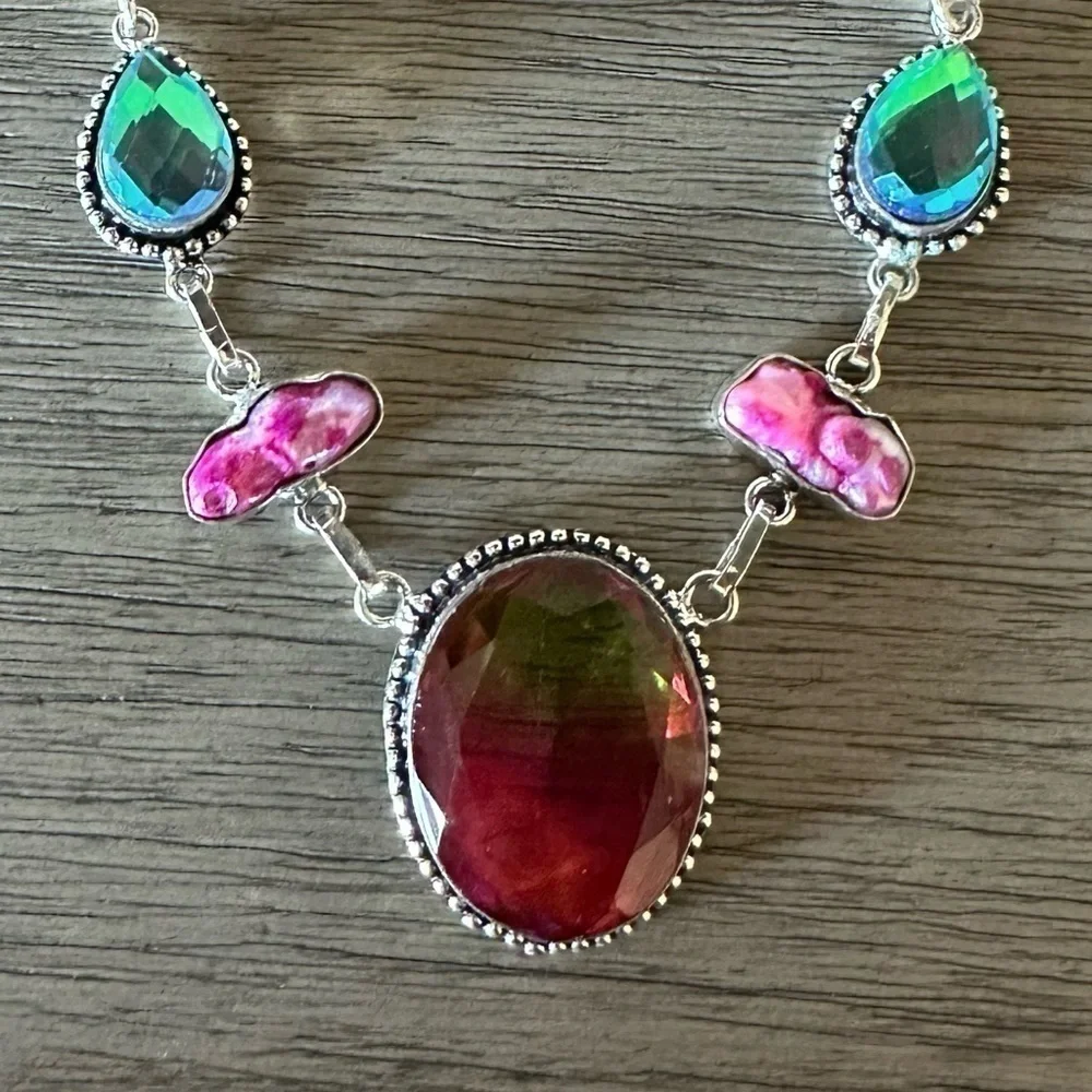 0908 Bi-Color Tourmaline Biwa Pearl Necklace Handmade Silver Statement J…